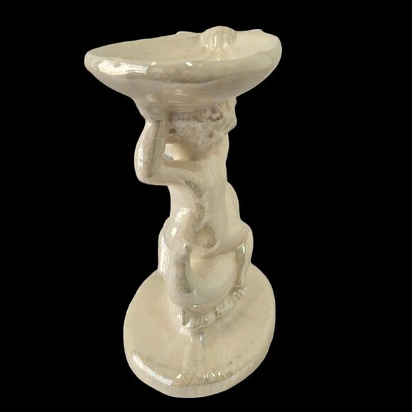 1969 Luster Iridescent Pedestal Soap Dish Cherub Boy on Dolphin Artist Sign 7.5" - Picture 5 of 6